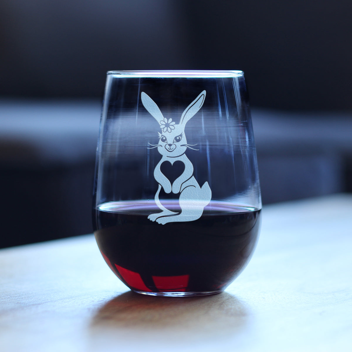 Cute Bunny Rabbit - Stemless Wine Glass - Hand Engraved Gifts for Men & Women That Love Bunnies