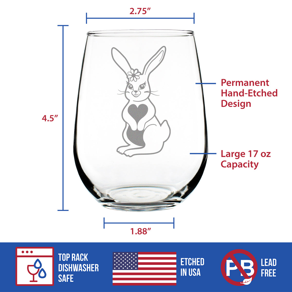Cute Bunny Rabbit - Stemless Wine Glass - Hand Engraved Gifts for Men & Women That Love Bunnies