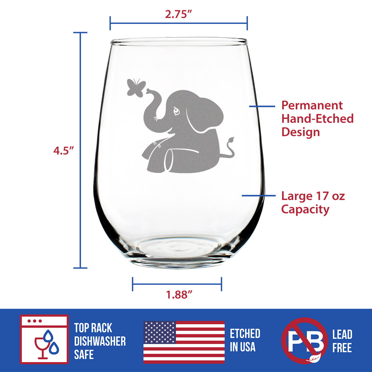 Cute Elephant - 17 Ounce Stemless Wine Glass