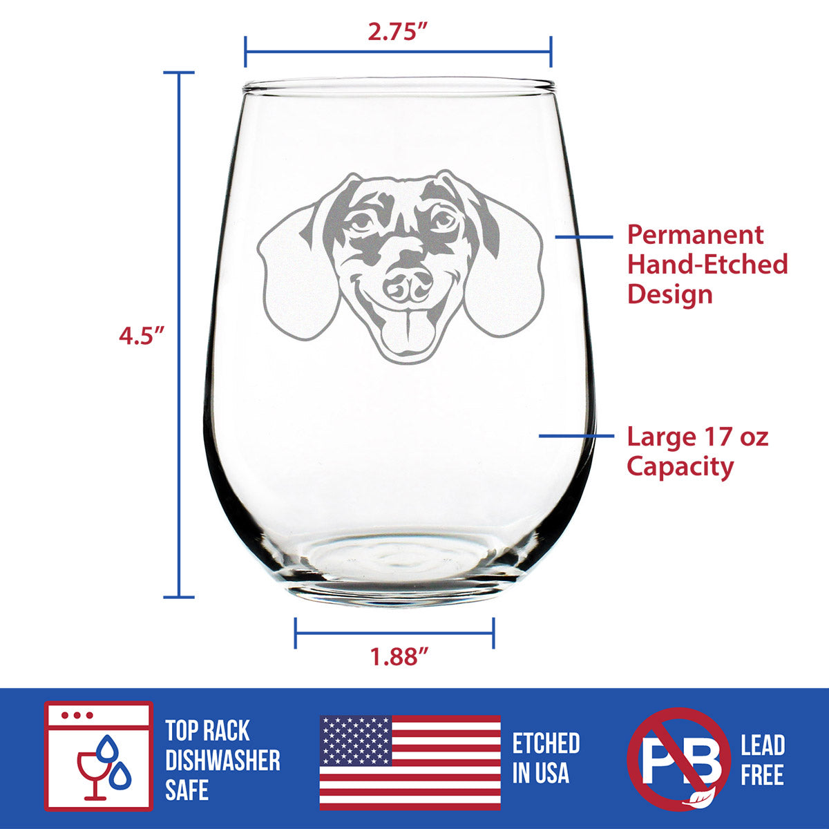 Dachshund Face Stemless Wine Glass - Cute Dog Themed Decor and Gifts for Moms & Dads of Dachshunds - Large 17 Oz