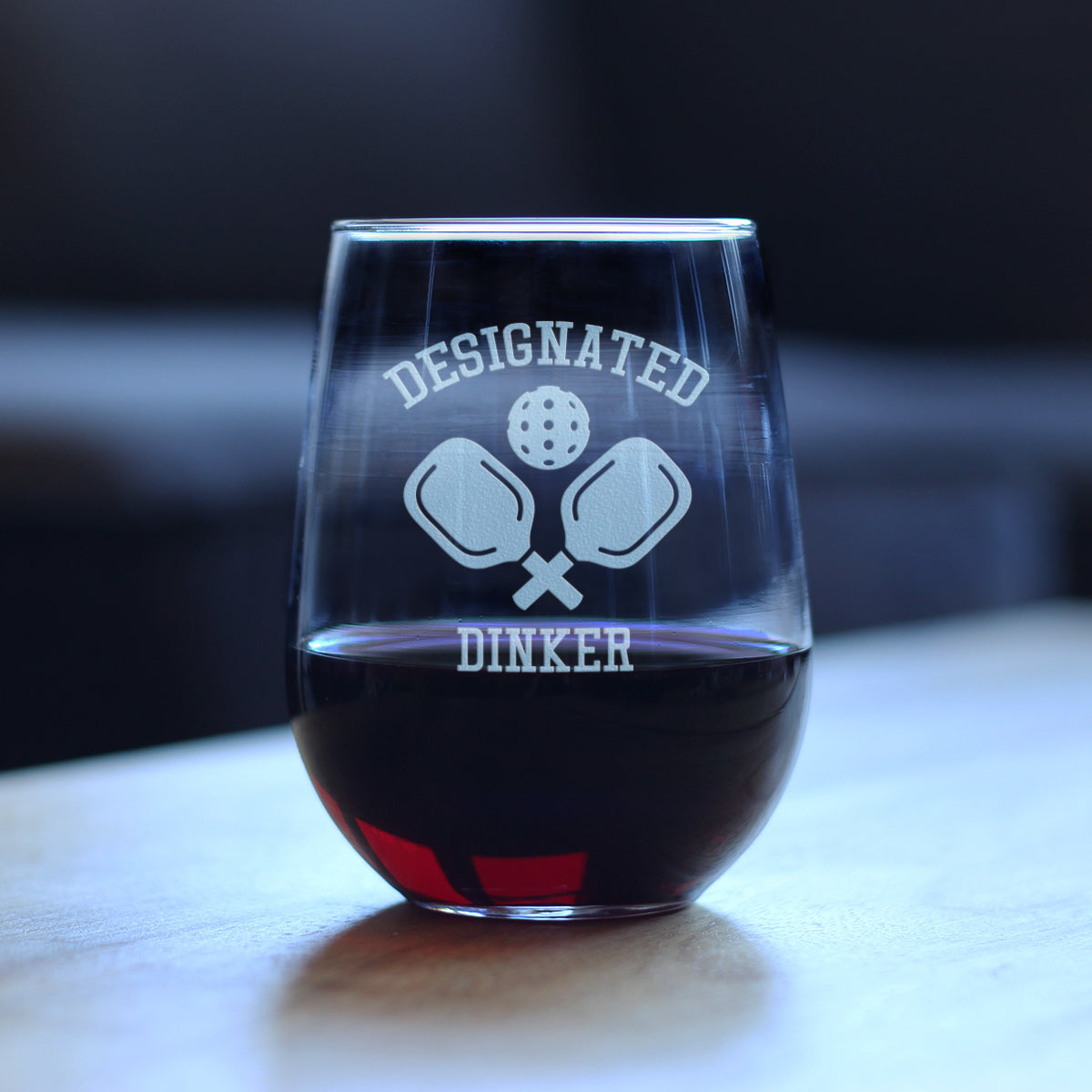 Designated Dinker - Stemless Wine Glass - Funny Pickleball Themed Decor and Gifts - Large 17 Oz Glasses