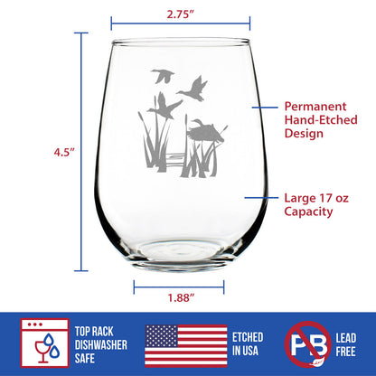 Duck Pond Stemless Wine Glass - Cabin Themed Gifts or Rustic Decor for Women and Men - Engraved Silhouette - Large