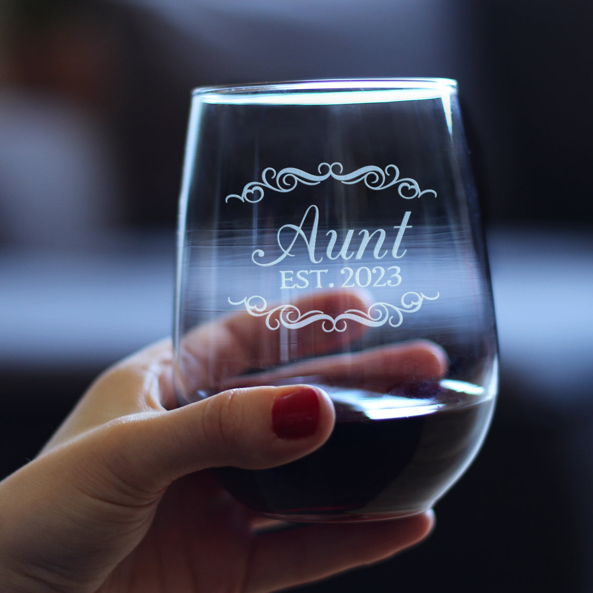 Aunt Est. 2023 - Decorative- 17 Ounce Stemless Wine Glass