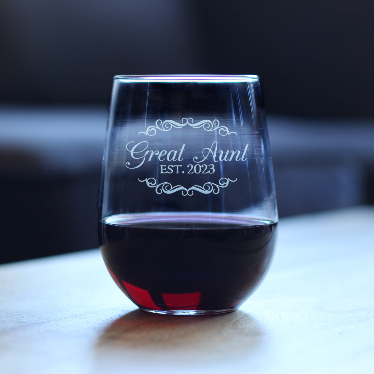 Great Aunt Est. 2023 - Decorative Cute Stemless Wine Glass for New Great Aunts, Large 17 Ounce, Etched Sayings, Baby Reveal