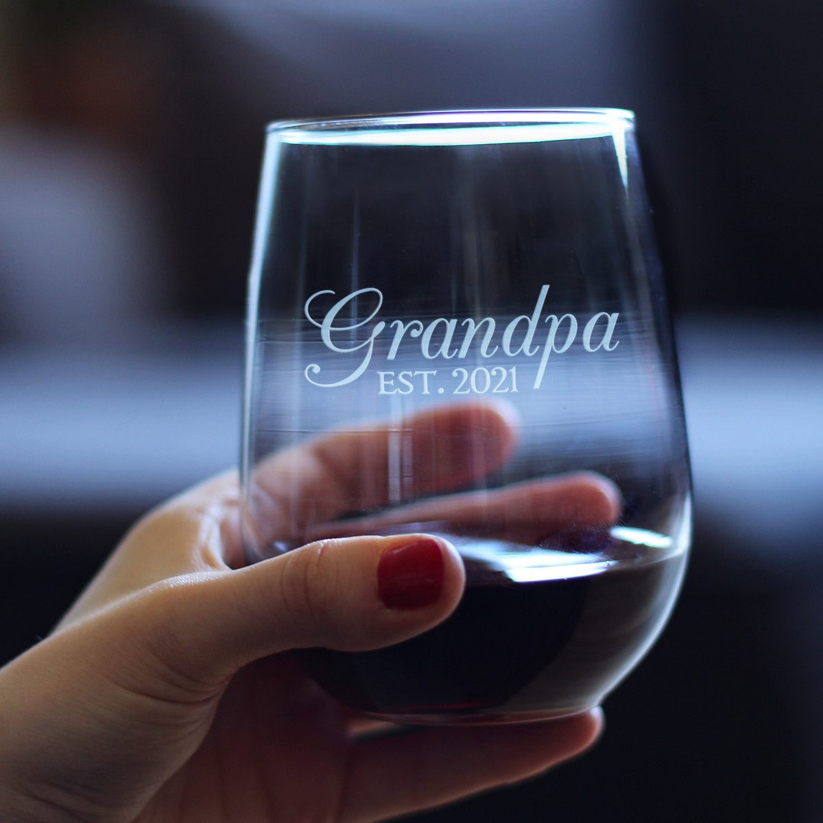 Grandpa Est 2021 - New Grandfather Stemless Wine Glass Gift for First Time Grandparents - Decorative 17 Oz Large Glasses