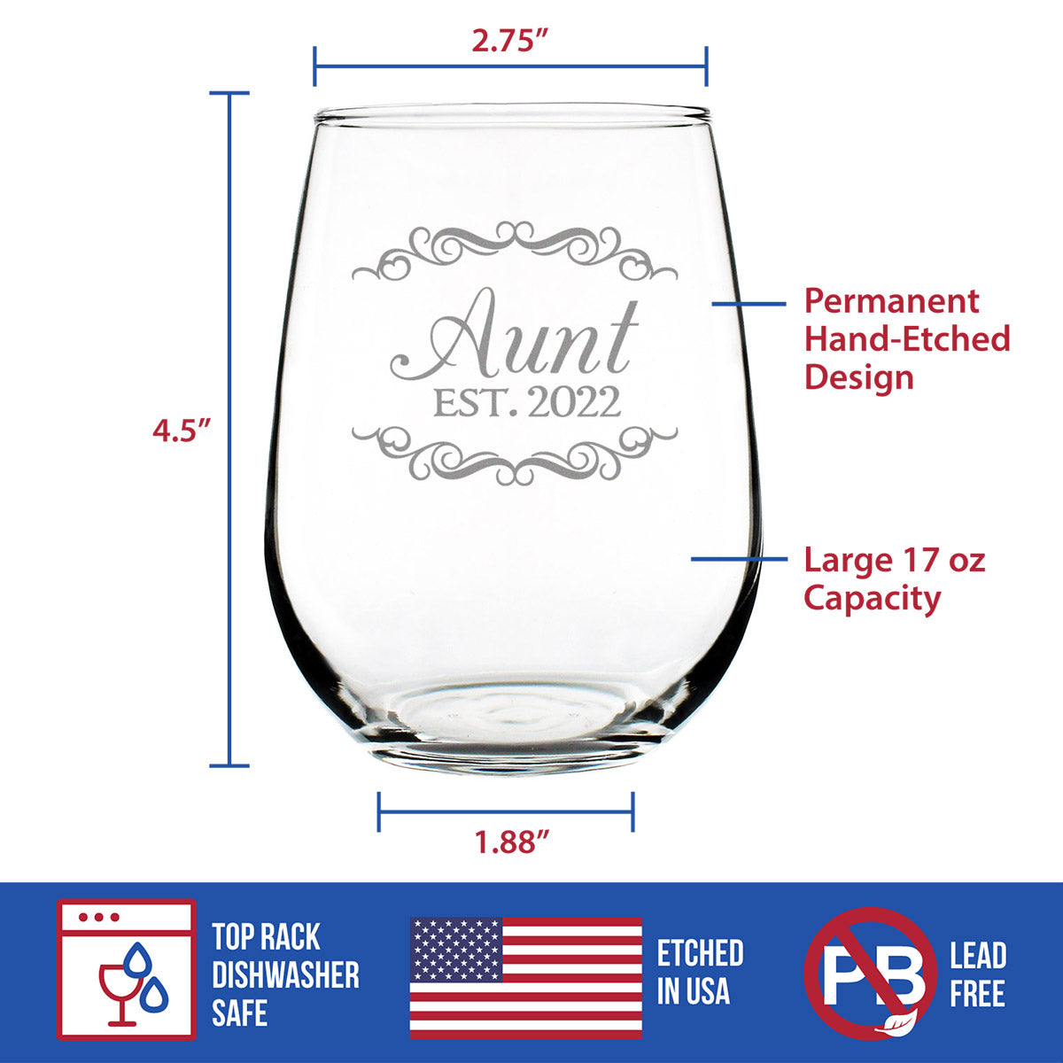 Aunt Est 2022 - New Aunties Stemless Wine Glass Gift for First Time Aunts - Decorative 17 Oz Large Glasses
