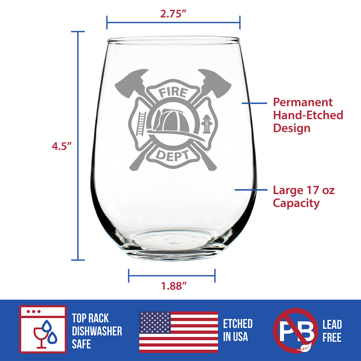 Firefighter Symbol Engraved Stemless Wine Glass, Unique Gifts for Firefighters, Firemen & Firewomen