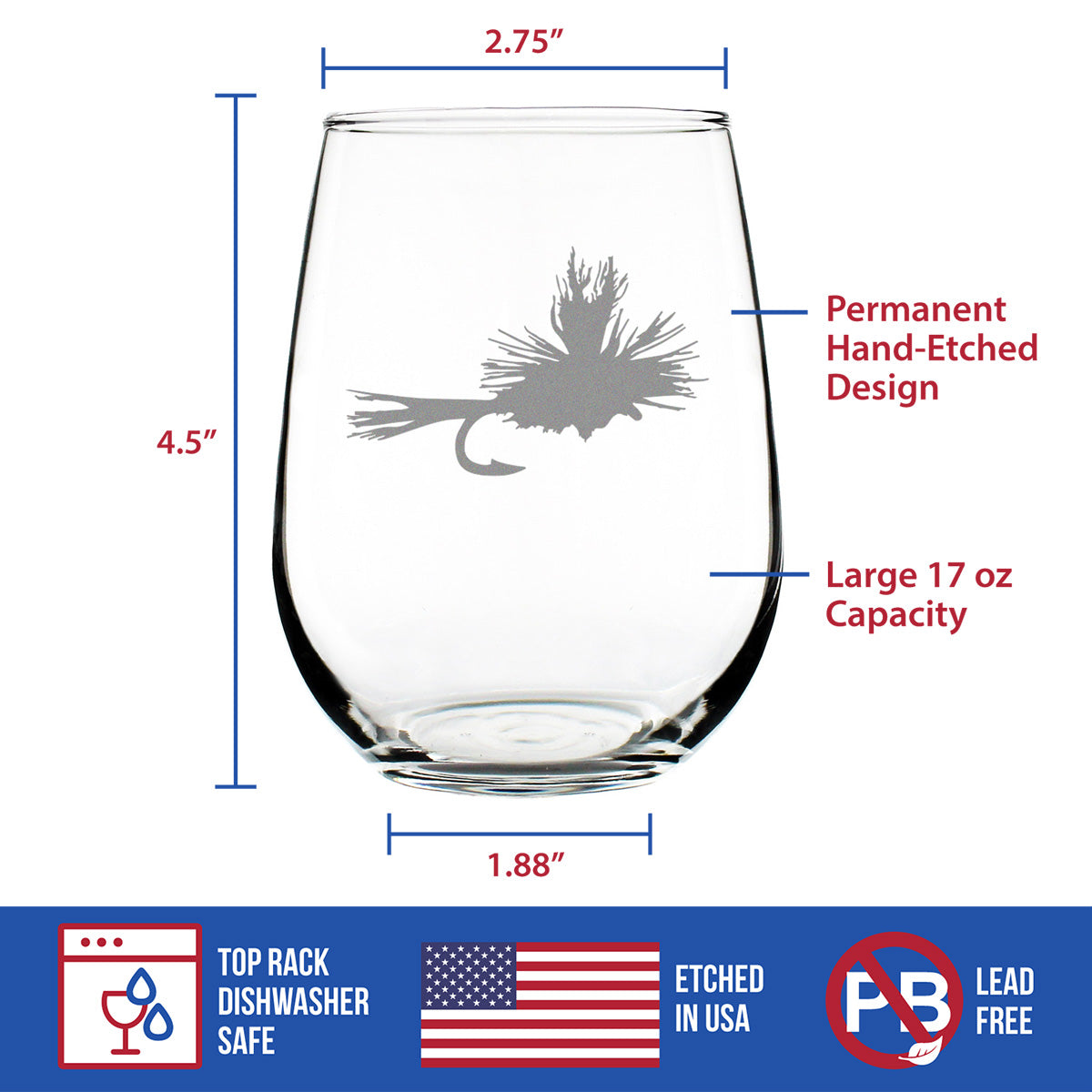 Fly Fishing Stemless Wine Glass - Unique Flyfishing Themed Gifts for Fishermen - Large 17 Oz Glasses