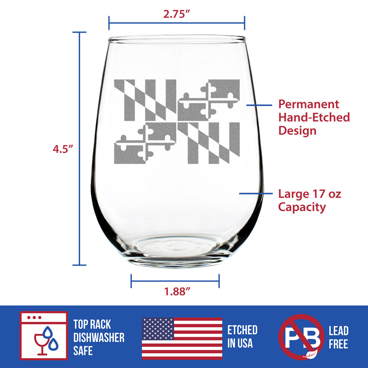 Maryland Flag Stemless Wine Glass - State Themed Drinking Decor and Gifts for Marylander Women & Men - Large 17 Oz