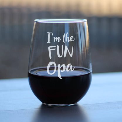 I'm the Fun Opa Cute Funny Stemless Wine Glass, Large 17 Ounce Size, Etched Sayings, Father's Day or Birthday Gift for Grandpa