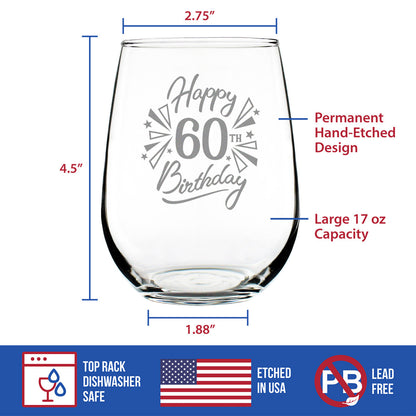 Happy 60th Birthday - Stemless Wine Glass Gifts for Women & Men Turning 60 - Bday Party Decor - Large Glasses 17 Oz