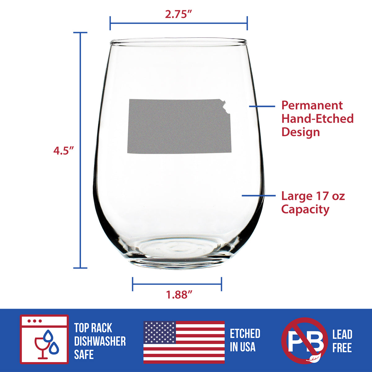 Kansas State Outline Stemless Wine Glass - State Themed Drinking Decor and Gifts for Kansan and Jayhawker Women & Men - Large 17 Oz Glasses
