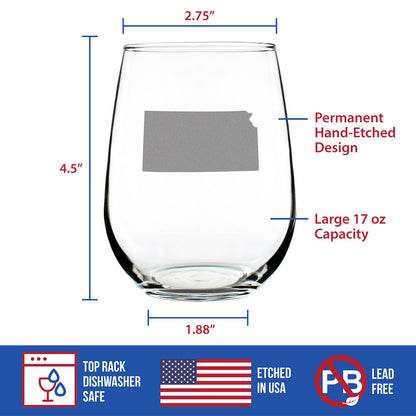 Kansas State Outline Stemless Wine Glass - State Themed Drinking Decor and Gifts for Kansan and Jayhawker Women & Men - Large 17 Oz Glasses