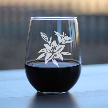Lily Stemless Wine Glass - Floral Themed Decor and Gifts for Flower Lovers - Large 17 Oz Glasses