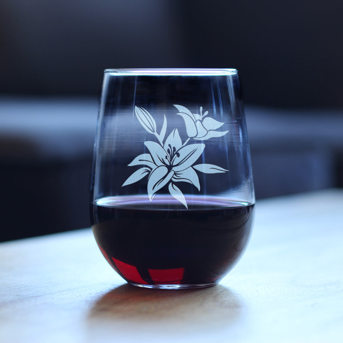 Lily Stemless Wine Glass - Floral Themed Decor and Gifts for Flower Lovers - Large 17 Oz Glasses