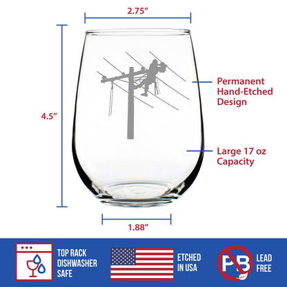 Lineworker Engraved Large Stemless Wine Glass, Unique Electrical Themed Gifts for Men and Women who are Lineworkers - 17 oz