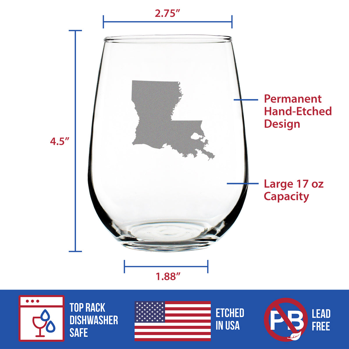 Louisiana State Outline Stemless Wine Glass - State Themed Drinking Decor and Gifts for Louisianian Women & Men - Large 17 Oz Glasses