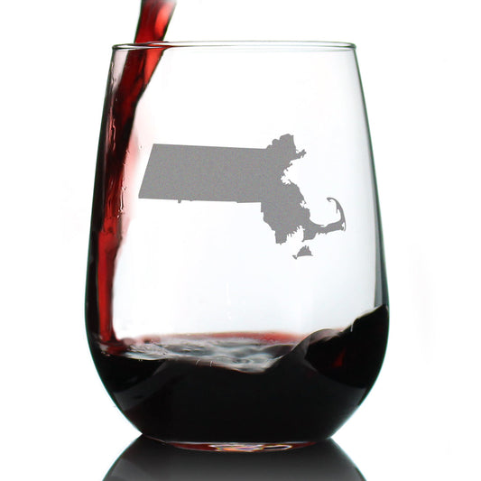 Massachusetts State Outline Stemless Wine Glass - State Themed Drinking Decor and Gifts for Bay Stater Women & Men - Large 17 Oz Glasses