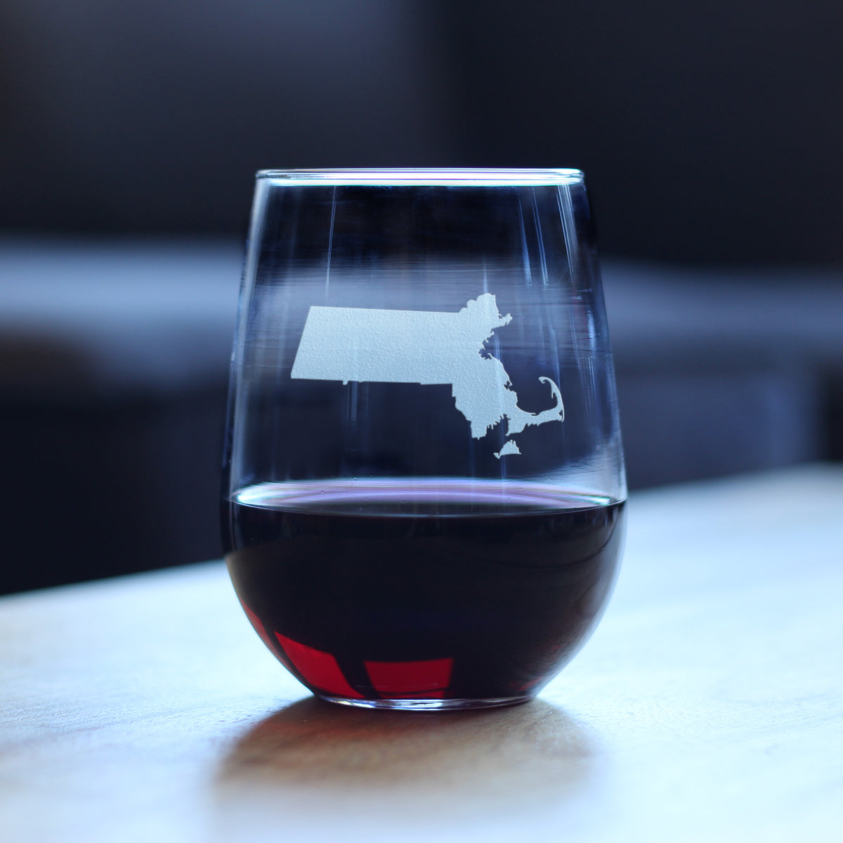 Massachusetts State Outline Stemless Wine Glass - State Themed Drinking Decor and Gifts for Bay Stater Women & Men - Large 17 Oz Glasses