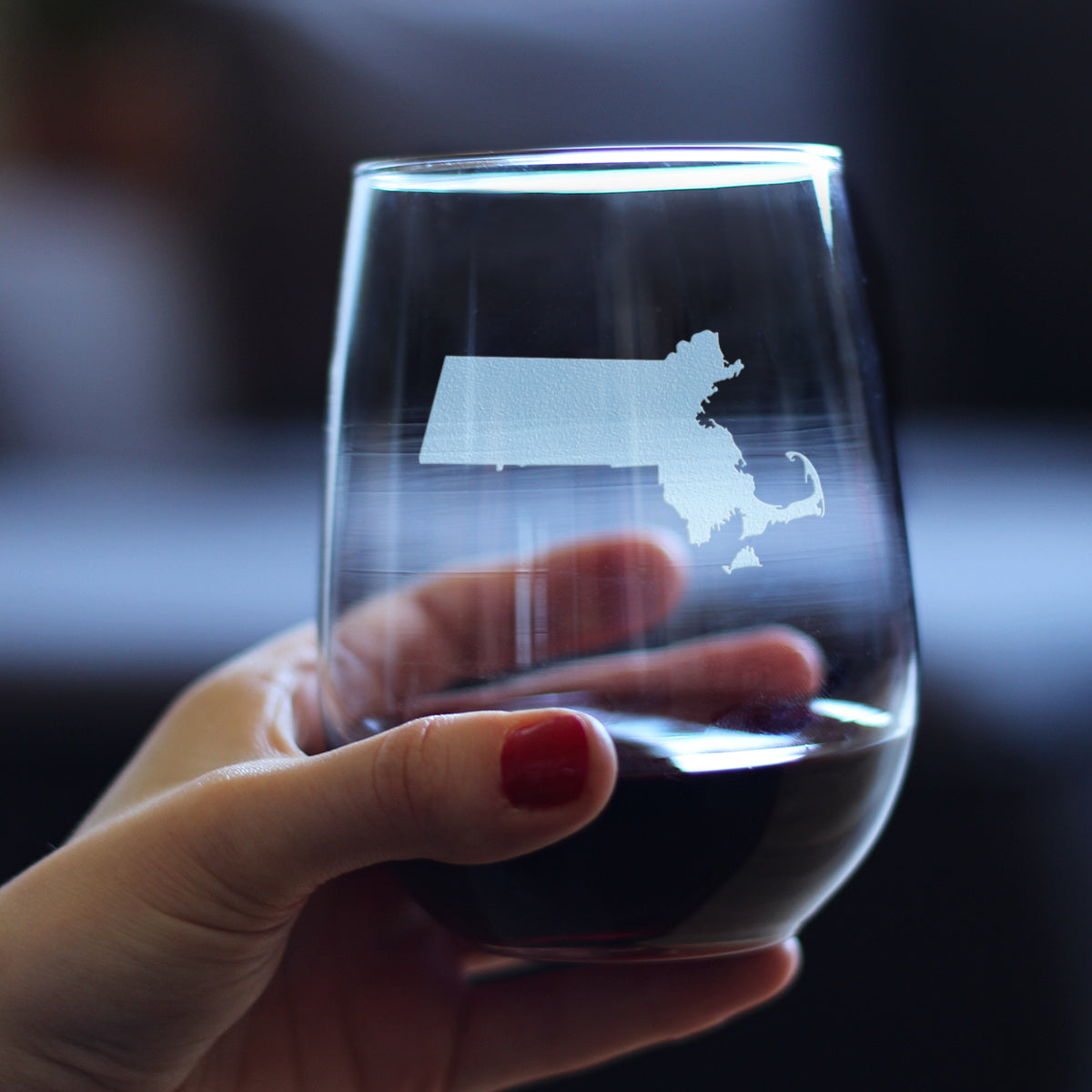 Massachusetts State Outline Stemless Wine Glass - State Themed Drinking Decor and Gifts for Bay Stater Women & Men - Large 17 Oz Glasses