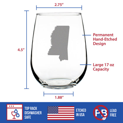 Mississippi State Outline Stemless Wine Glass - State Themed Drinking Decor and Gifts for Mississippian Women & Men - Large 17 Oz Glasses