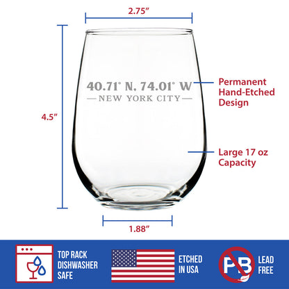 New York City Coordinates - 17 Ounce Stemless Wine Glass