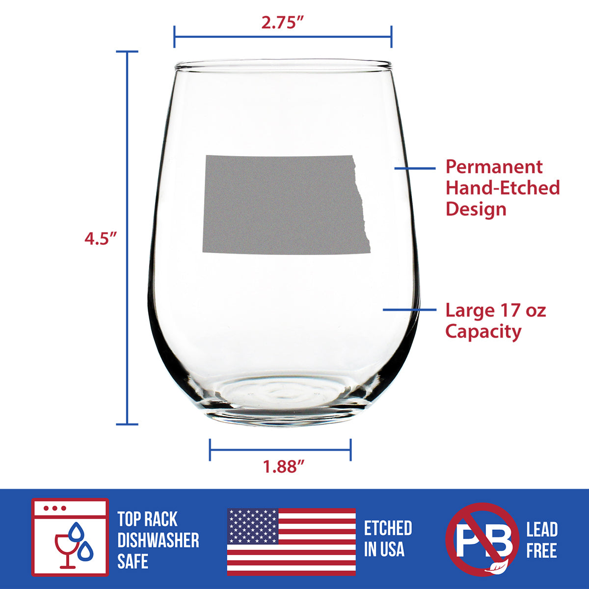 North Dakota State Outline Stemless Wine Glass - State Themed Drinking Decor and Gifts for North Dakotan Women & Men - Large 17 Oz Glasses
