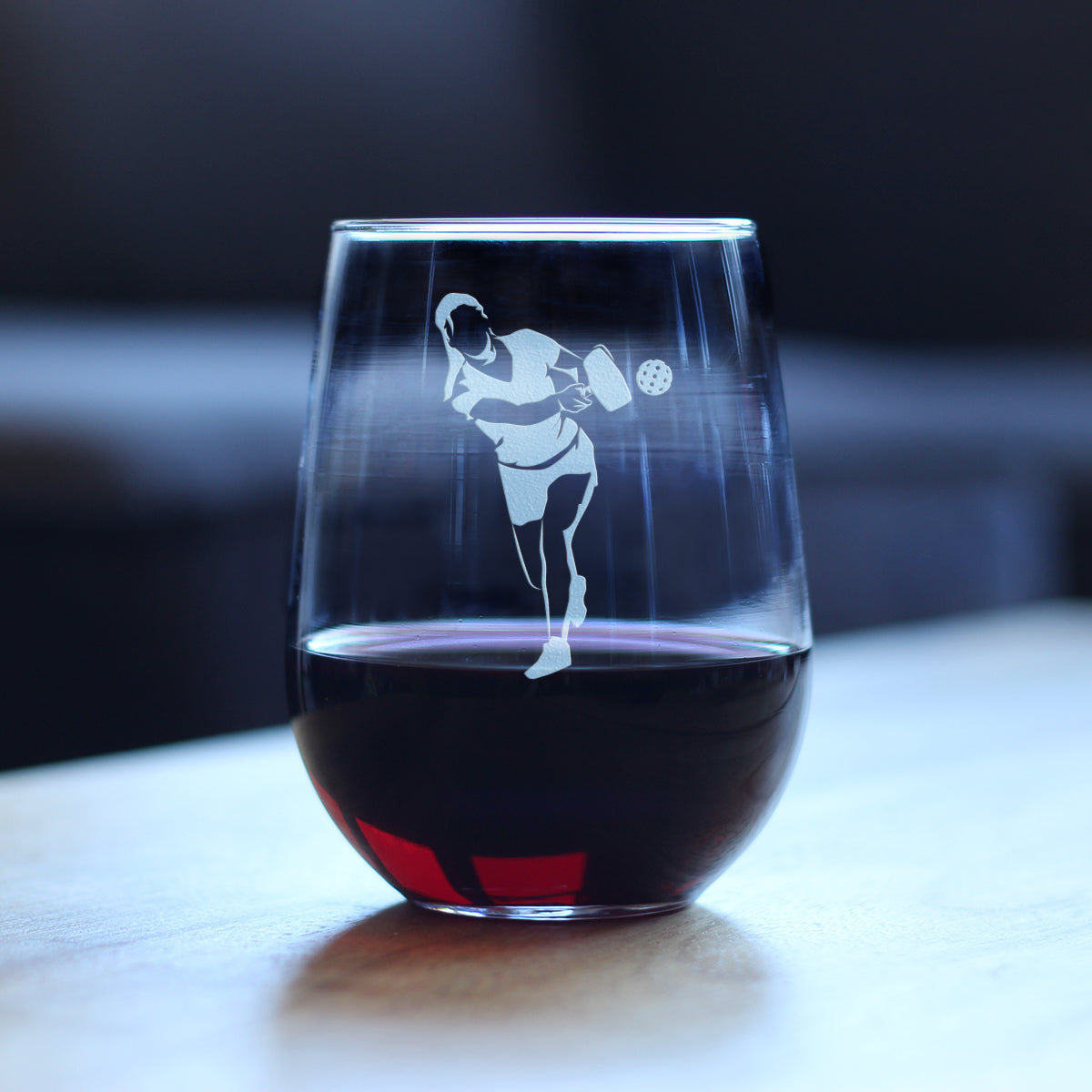 Pickleball Player Female - Stemless Wine Glass - Funny Pickleball Themed Decor and Gifts - Large 17 Oz Glasses