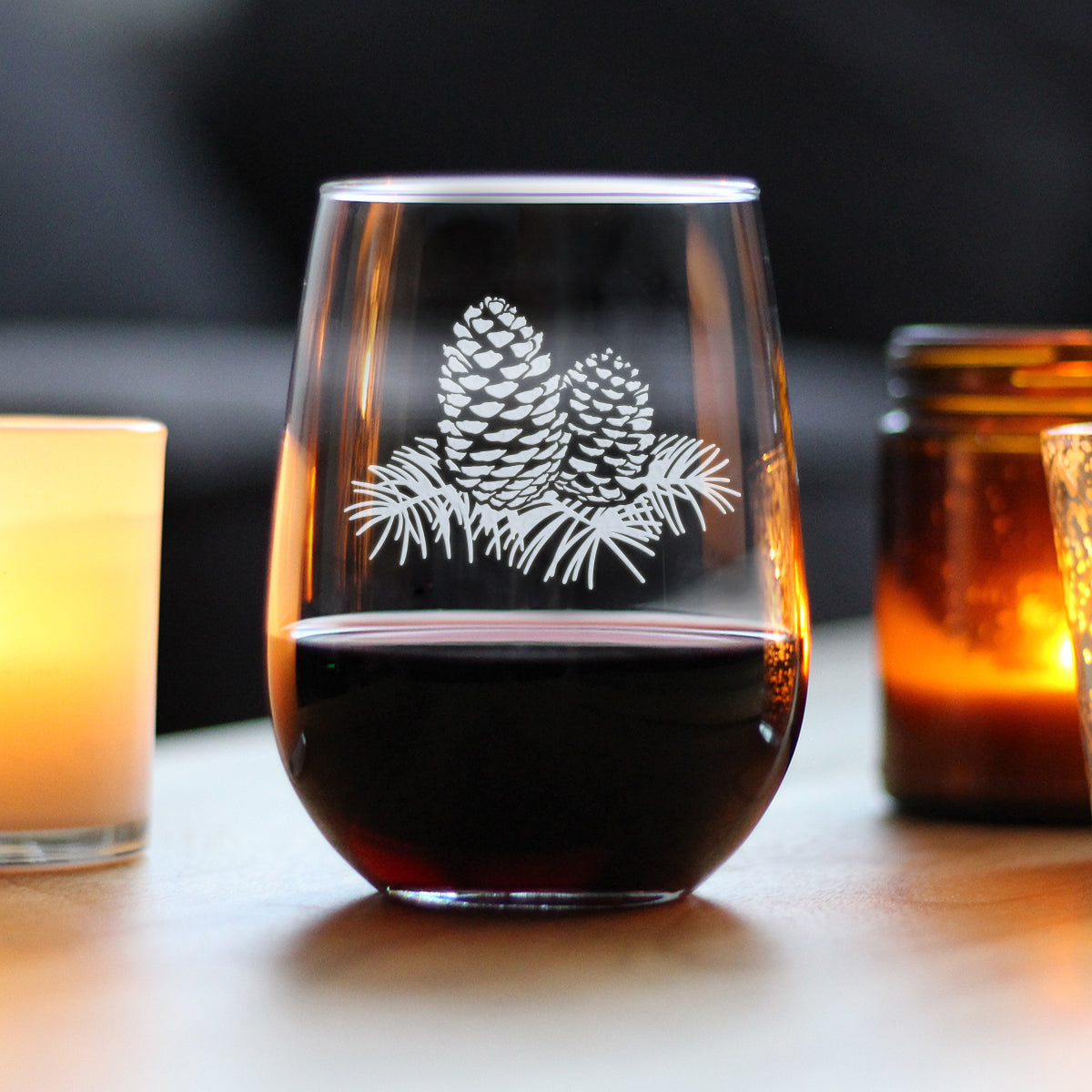 Pine Cone Stemless Wine Glass - Rustic Themed Pinecones Decor and Cabin Gifts for Women and Men - Large 17 Oz Glasses