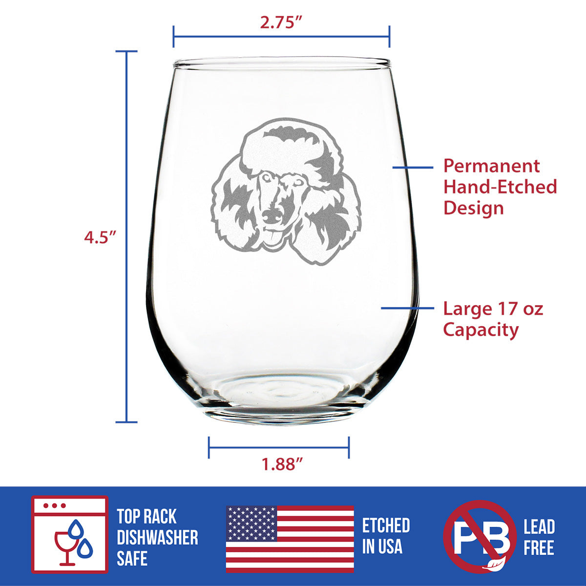 Happy Poodle - Stemless Wine Glass - Cute Poodle Themed Dog Gifts and Party Decor for Women and Men - Large Glasses