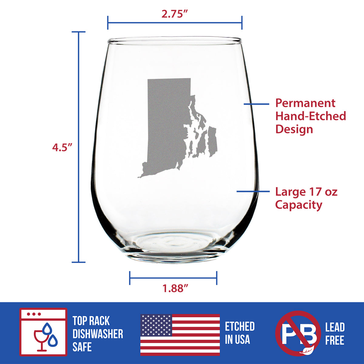 Rhode Island State Outline Stemless Wine Glass - State Themed Drinking Decor and Gifts for Rhode Islander Women & Men - Large 17 Oz Glasses