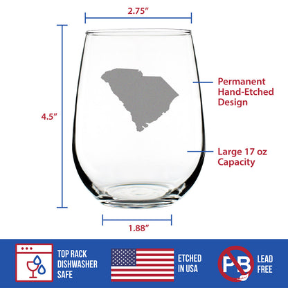 South Carolina State Outline Stemless Wine Glass - State Themed Drinking Decor and Gifts for South Carolinian Women & Men - Large 17 Oz Glasses