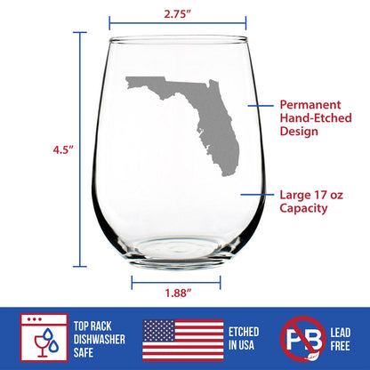 Florida State Outline Stemless Wine Glass - State Themed Drinking Decor and Gifts for Floridian Women & Men - Large 17 Oz Glasses