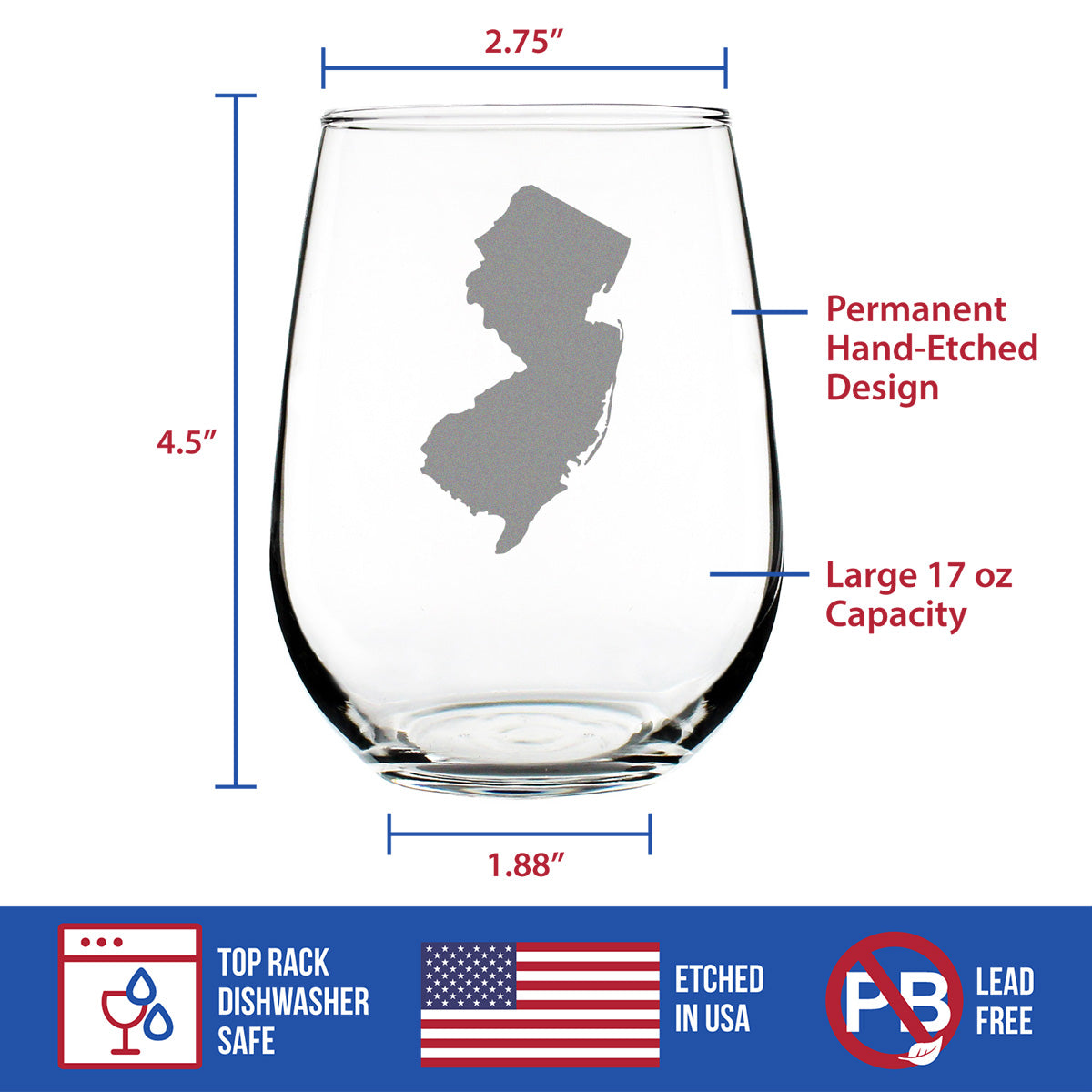 New Jersey State Outline Stemless Wine Glass - State Themed Drinking Decor and Gifts for New Jerseyan Women & Men - Large 17 Oz Glasses