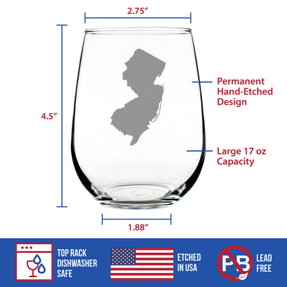 New Jersey State Outline Stemless Wine Glass - State Themed Drinking Decor and Gifts for New Jerseyan Women & Men - Large 17 Oz Glasses