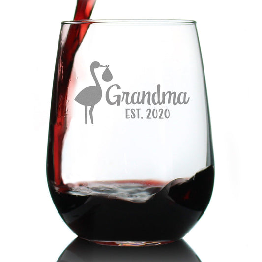 Grandma Est 2020 with Stork - New Grandmother Stemless Wine Glass Gift for First Time Grandparents - Large Glasses