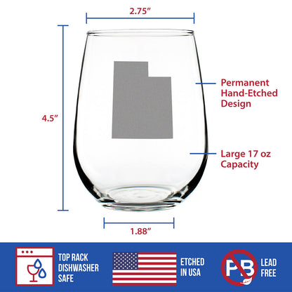 Utah State Outline Stemless Wine Glass - State Themed Drinking Decor and Gifts for Utahn Women & Men - Large 17 Oz Glasses