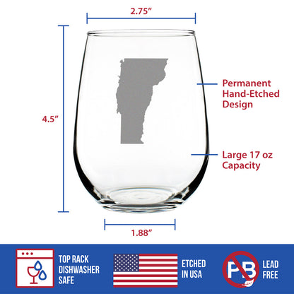 Vermont State Outline Stemless Wine Glass - State Themed Drinking Decor and Gifts for Vermonter Women & Men - Large 17 Oz Glasses