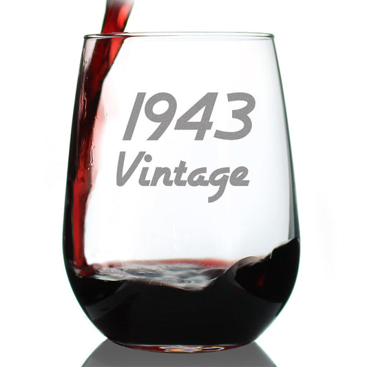 Vintage 1943 - 82nd Birthday Stemless Wine Glass Gifts for Women & Men Turning 82 - Bday Party Decor - Large Glasses