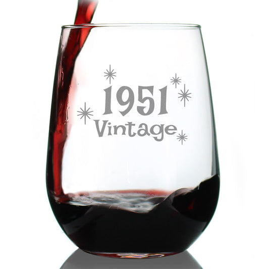 Vintage 1951 - 74th Birthday Stemless Wine Glass Gifts for Women & Men Turning 74 - Bday Party Decor - Large Glasses