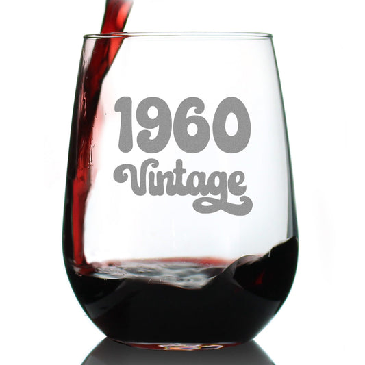 Vintage 1960 - 65th Birthday Stemless Wine Glass Gifts for Women & Men Turning 65 - Bday Party Decor - Large Glasses