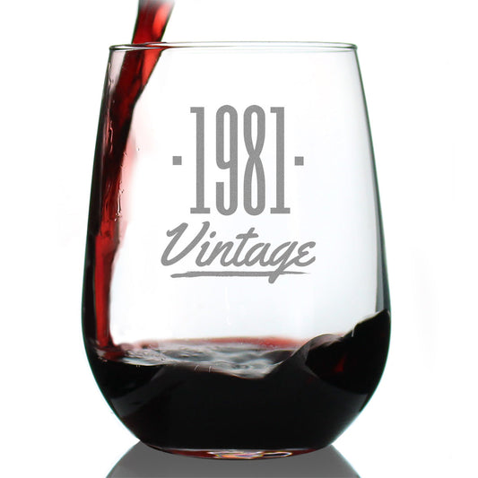 Vintage 1981 - 44th Birthday Stemless Wine Glass Gifts for Women & Men Turning 44 - Bday Party Decor - Large Glasses