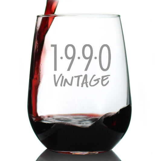 Vintage 1990 - 35th Birthday Stemless Wine Glass Gifts for Women & Men Turning 35 - Bday Party Decor - Large Glasses