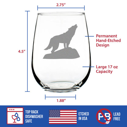Wolf Stemless Wine Glass - Cabin Themed Gifts or Rustic Decor for Women and Men - Engraved Silhouette - Large