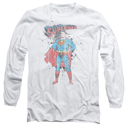 Superman Vintage Ink Splatter Mens Long Sleeve Shirt White Officially Licensed