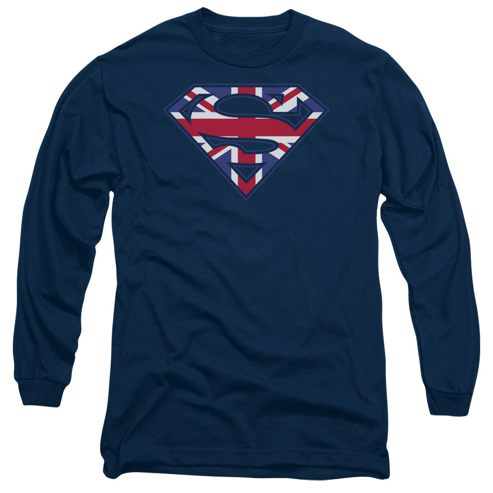 Superman Great Britian Shield Mens Long Sleeve Shirt Navy Officially Licensed