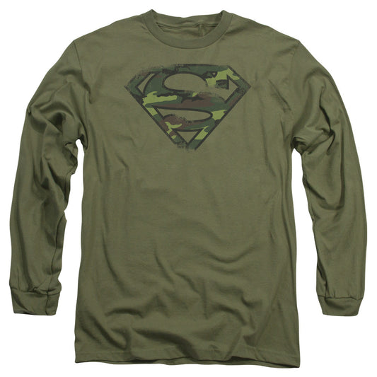 Superman Distressed Camo Shield Mens Long Sleeve Shirt Military Green Officially Licensed