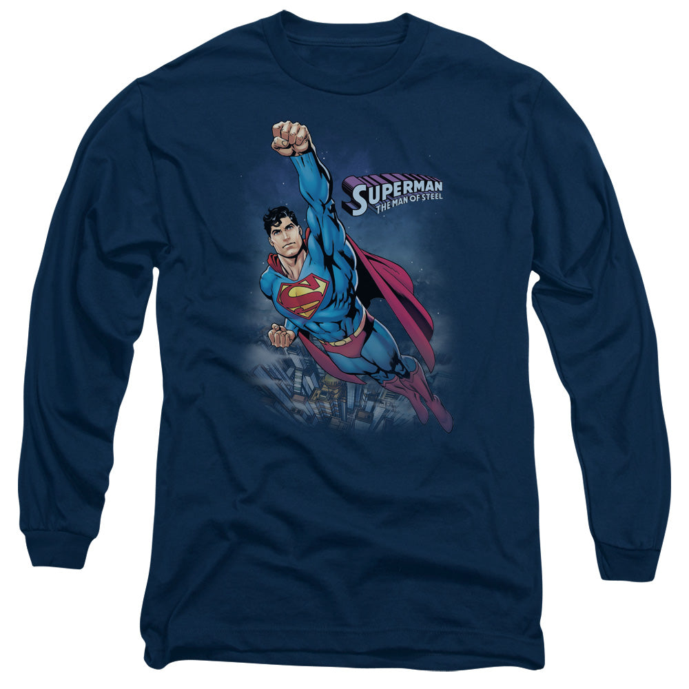Superman Twilight Flight Mens Long Sleeve Shirt Navy Officially Licensed