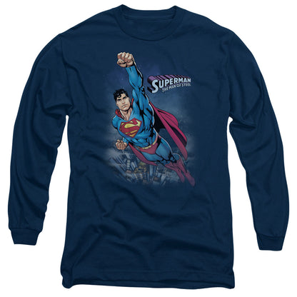 Superman Twilight Flight Mens Long Sleeve Shirt Navy Officially Licensed
