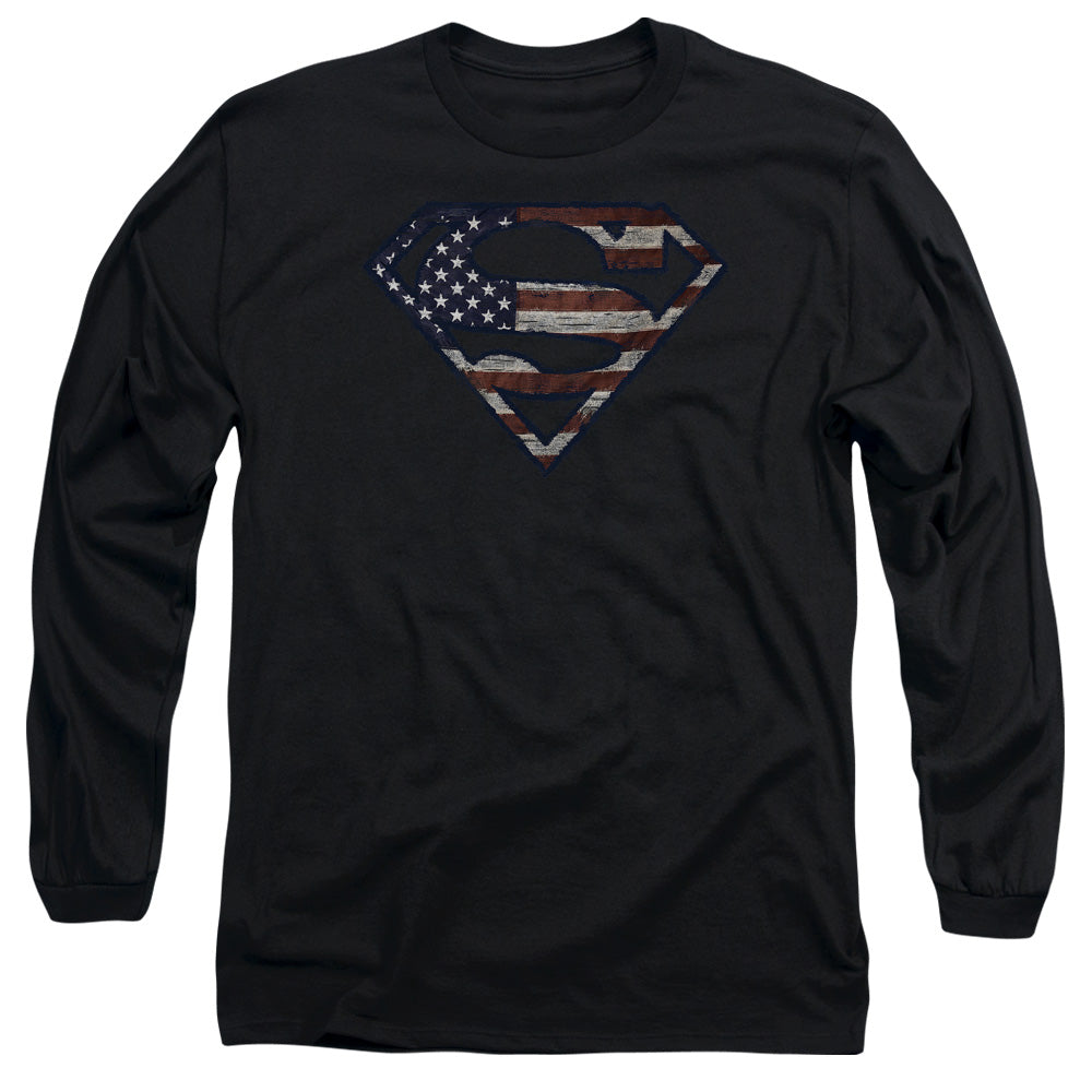 Superman Wartorn Flag Mens Long Sleeve Shirt Black Officially Licensed
